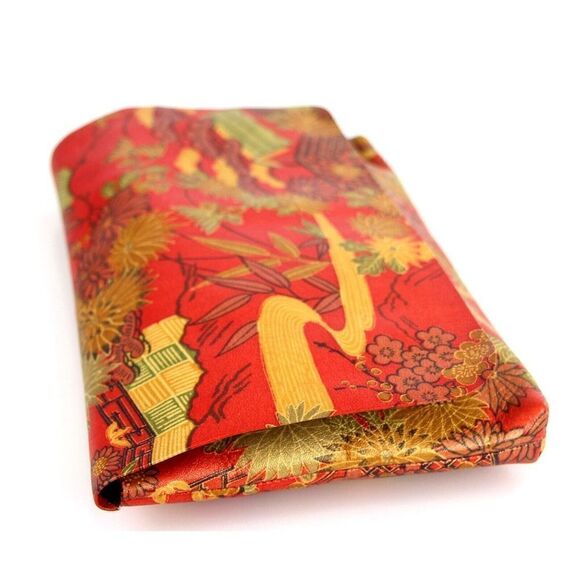 VTG HANDCRAFTED RED MULTICOLOR GENUINE LEATHER FLORAL ASIAN PRINT CLUTCH POUCH